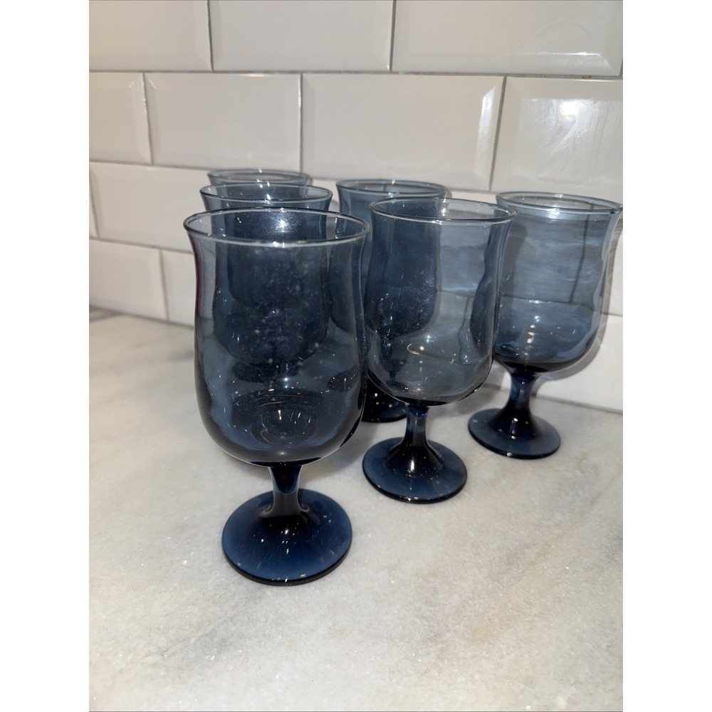 Vintage Libbey 1970s Tulip Dusky Blue12OZ Water/Wine Goblet Glass Set Of 6 GW995